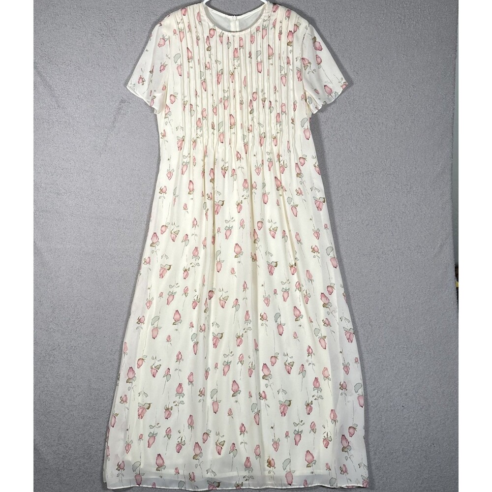 VNTG Chiffon Layered Maxi Dress S Cream Floral Prairie Cottage Core Rose Buds